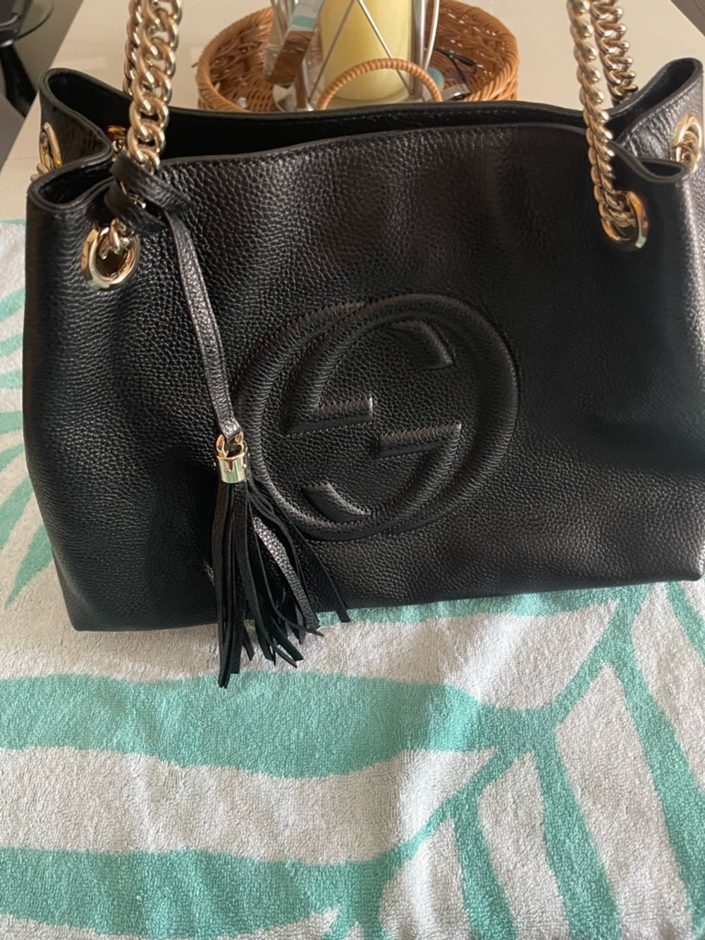 Gucci Black Pebbled Leather Shoulder Bag with Gold Chains